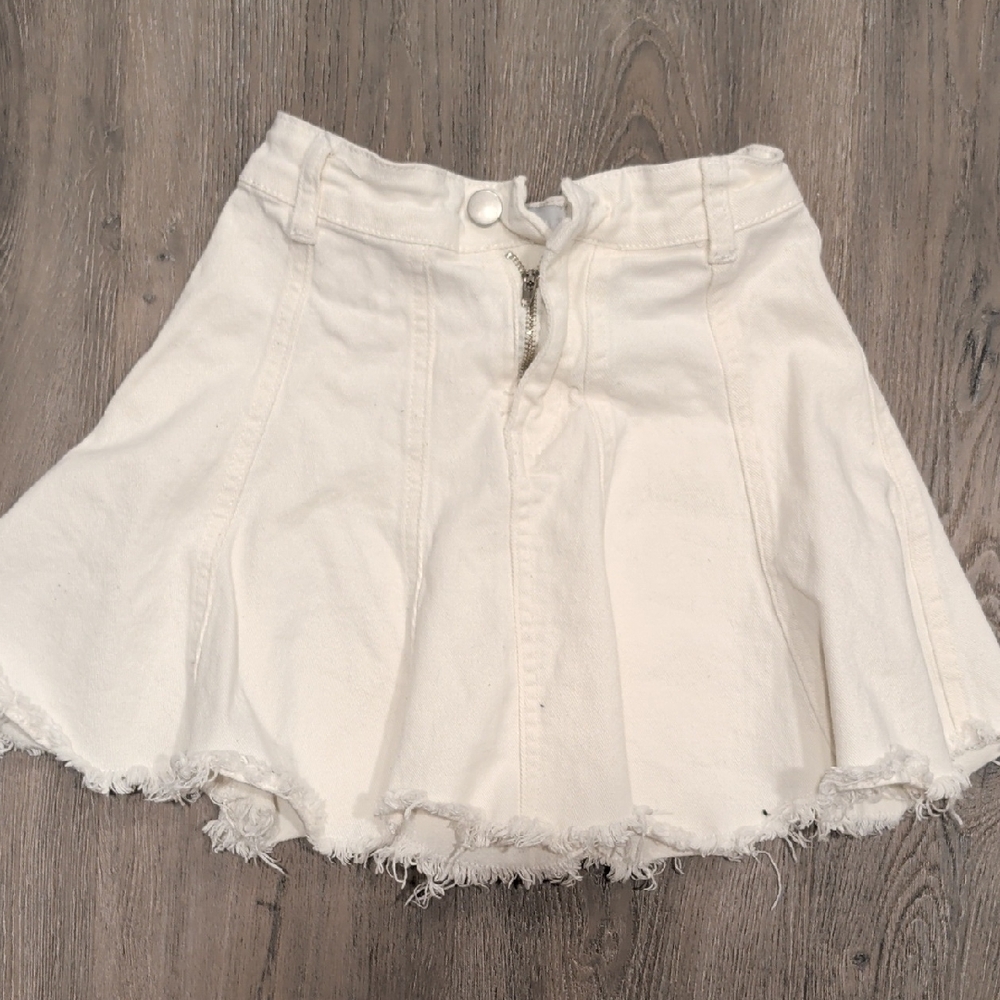 White Flared Denim Mini Skirt with Raw Hem